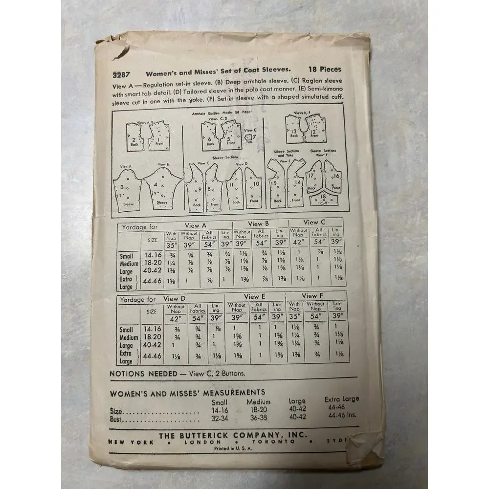 Vintage 40's-50's Butterick Pattern #3287 Women's Misses Coat Sleeves Size M HTF